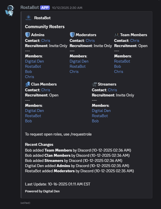 RostaBot live role roster embed in a Discord channel